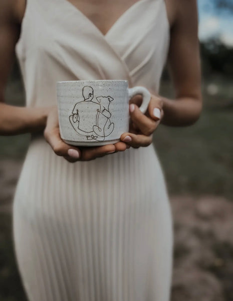 Man Hugging Dog Ceramic Hand Made Mug W/Handle